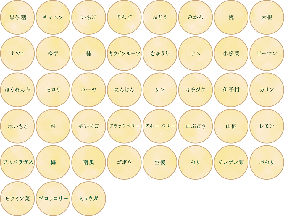 黒砂糖、キャベツ、いちご、りんご、ぶどう、みかん、桃、大根、トマト、ゆず、柿、キウイフルーツ、きゅうり、ナス、小松菜、ピーマン、ほうれん草、セロリ、ゴーヤ、にんじん、シソ、イチジク、伊予柑、カリン、木いちご、梨、冬いちご、ブラックベリー、ブルーベリー、山ぶどう、山桃、レモン、アスパラガス、梅、南瓜、ゴボウ、生姜、セリ、チンゲン菜、パセリ、ビタミン菜、ブロッコリー、ミョウガ